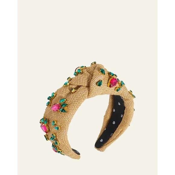 NWT Lele Sadoughi Crystal Radish Knotted Jute Gold-Pleated Headband Brown - Picture 2 of 10